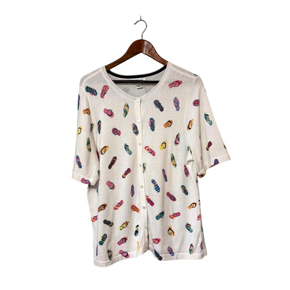 CJ Banks Womens Cardigan With Flip Flop Print White 3/4 Sleeve Button-Up Size X